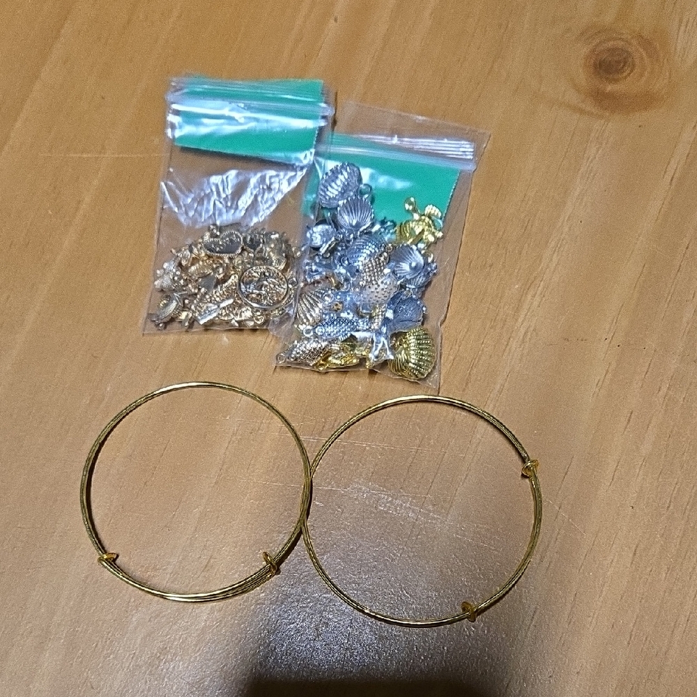 Gold Hoop Wire Bangle Set with Mixed Metal Charms